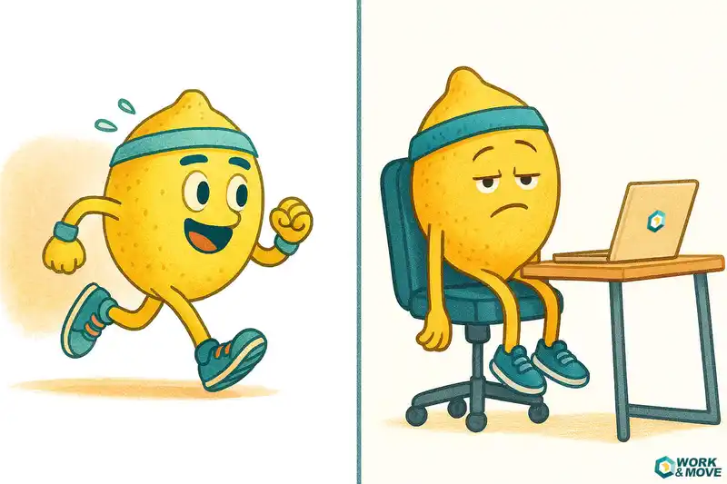 Person sitzt viele Stunden am Schreibtisch, im Hintergrund ein kleines Trainingssymbol – verdeutlicht, dass Sport langes Sitzen nicht vollständig ausgleicht.“