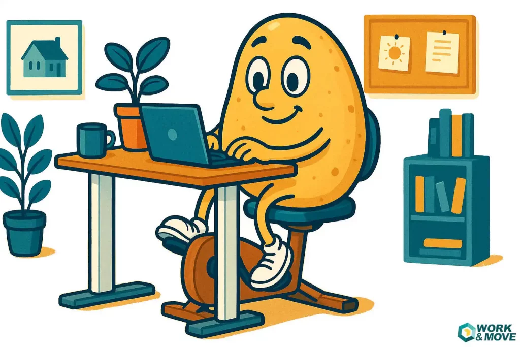 Berufstätige Person tritt auf einem Schreibtisch-Ergometer unter einem Stehschreibtisch, während sie am Computer arbeitet – zeigt moderate Bewegung während der Arbeit.