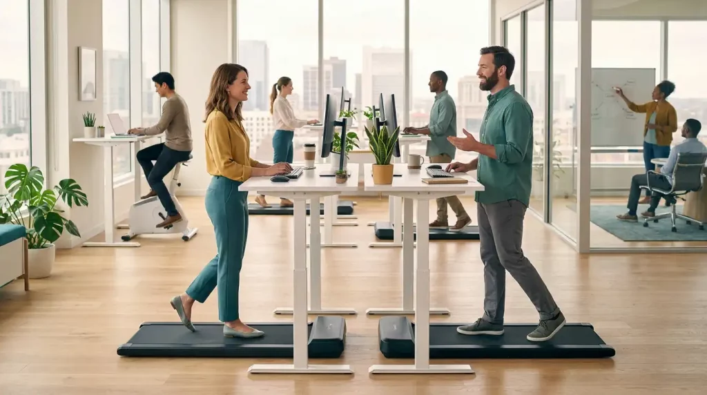 Welche 5 Übungen sollte man jeden Tag machen? 3 Büroszene. Mann und Frau stehen sich auf zwei Walkingpads gegenüber. Um Hintergrund radelt ein Mann auf einem Deskbike. Rechts im Hintergrund ist ein Meetingraum mit Glaswänden.