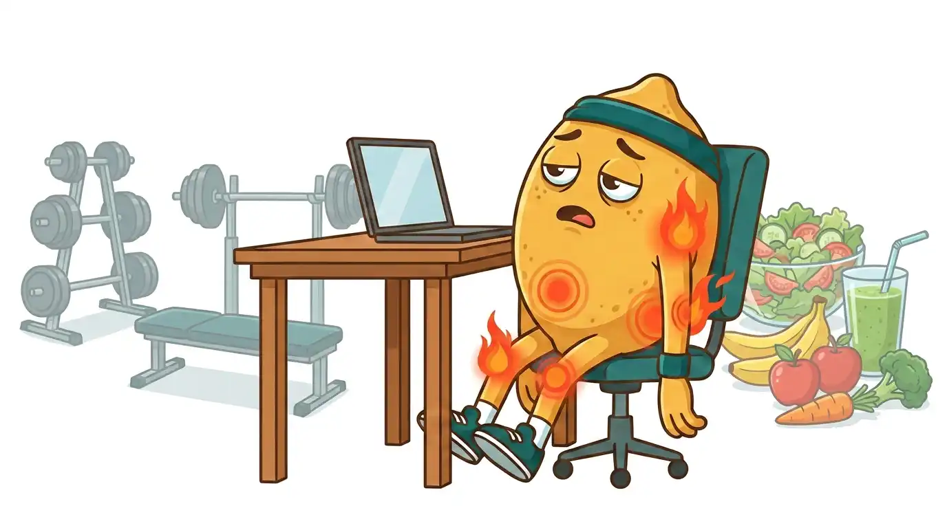 Eine muskulöse Cartoon-Zitrone sitzt erschöpft am Schreibtisch mit leuchtenden Entzündungsherden am ganzen Körper, im Hintergrund links Fitnessgeräte und rechts gesunde Lebensmittel.
