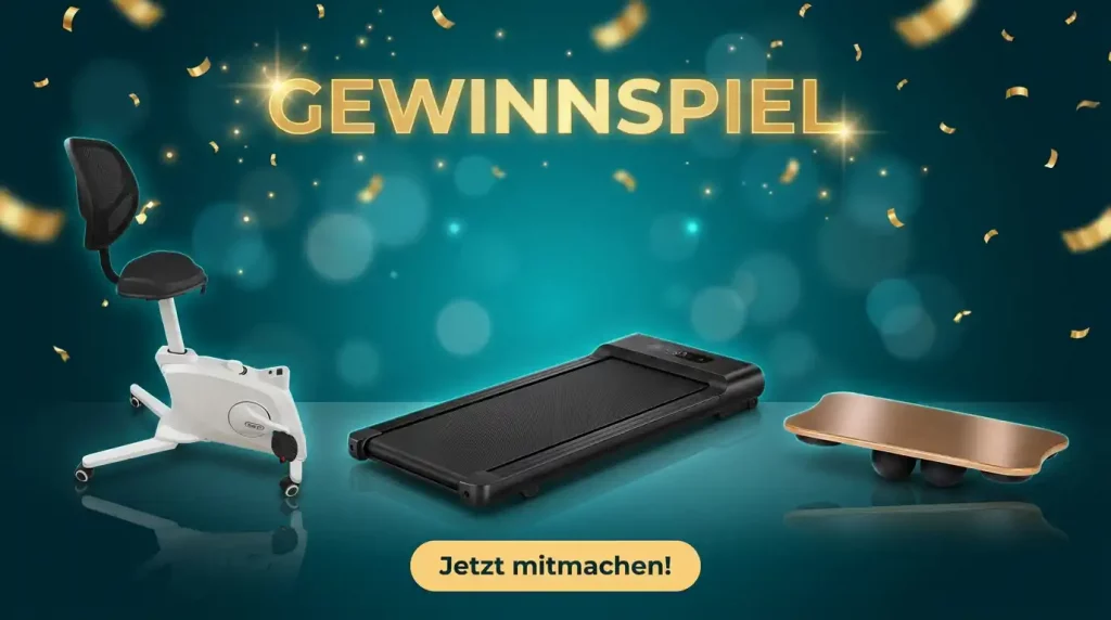 Welche 5 Übungen sollte man jeden Tag machen? 2 Gewinnspiel-Banner mit goldenem Schriftzug "GEWINNSPIEL", drei Arbeitsplatz-Fitnessgeräte (weißes Deskbike, schwarzes Walking Pad, holzfarbenes Balance Board) vor dunklem Teal-Hintergrund mit goldenem Konfetti und einem CTA-Button "Jetzt mitmachen!".