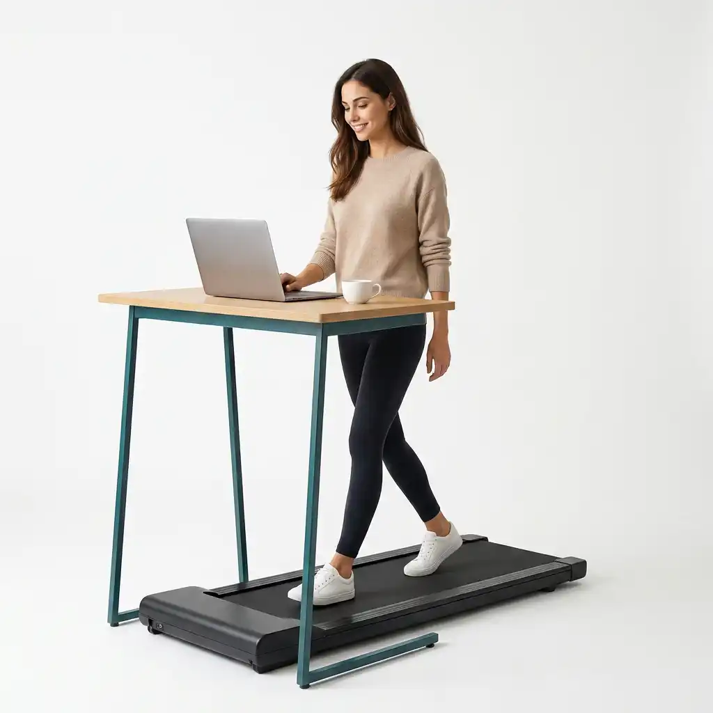 Welche 5 Übungen sollte man jeden Tag machen? 1 Eine junge Frau in beigem Pullover und dunklen Leggings geht entspannt auf einem schwarzen Walking Pad, das unter einem Stehschreibtisch mit Laptop und Kaffeetasse positioniert ist, vor reinem weißen Hintergrund.