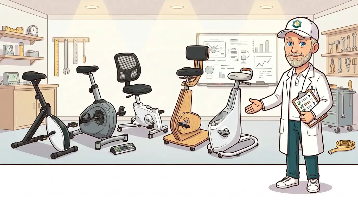 Wissenschaftler mit Checkliste im Arm zeigt auf fünf Deskbike im Labor Hintergrund.
