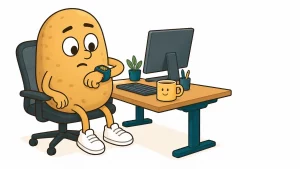 Illustration einer kartoffelförmigen Comic-Figur am Schreibtisch, die resigniert auf einen Schrittzähler mit 900 Schritten blickt.