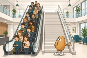 Volle Rolltreppe neben einer leeren Treppe in einem Bürofoyer. Eine Figur steht unten an der leeren Treppe und schaut nach oben.